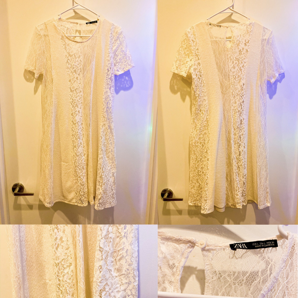 ZARA Ivory Lace Embroidered Short Sleeve Dress